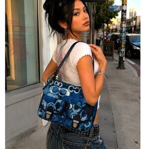 vintage Coach Poppy Denim Print Double Pocket Hippie Bag Y2K signature C pattern